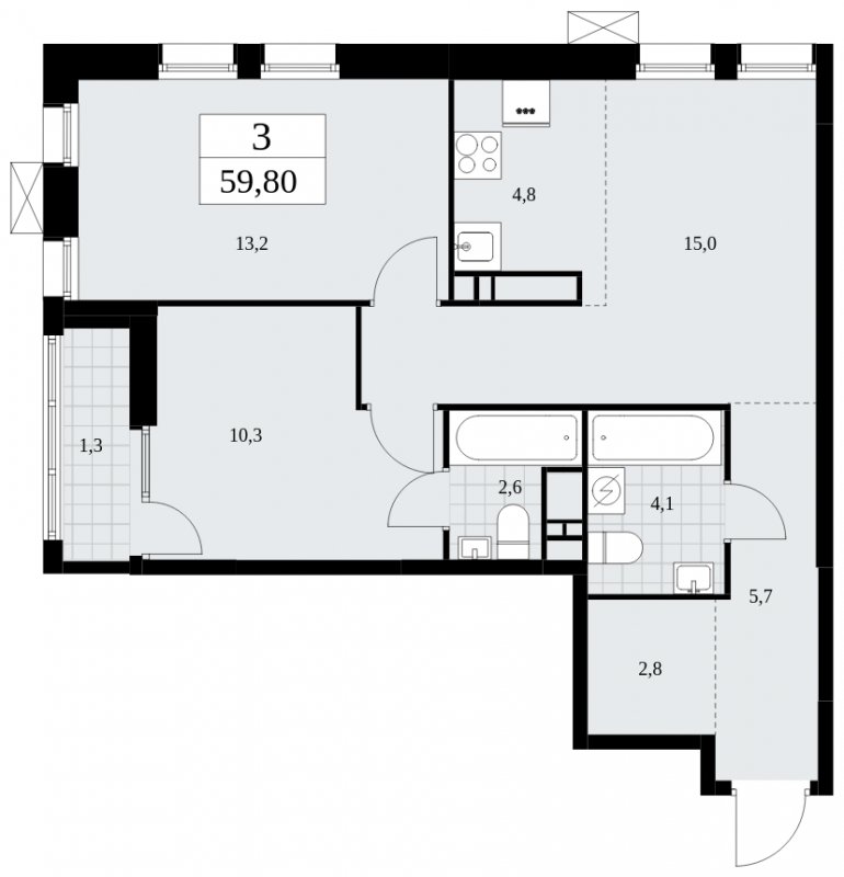 3-комнатная квартира (евро) без отделки, 59.8 м2, 18 этаж, сдача 2 квартал 2025 г., ЖК Дзен-кварталы, корпус 2.3 - объявление 1932677 - фото №1