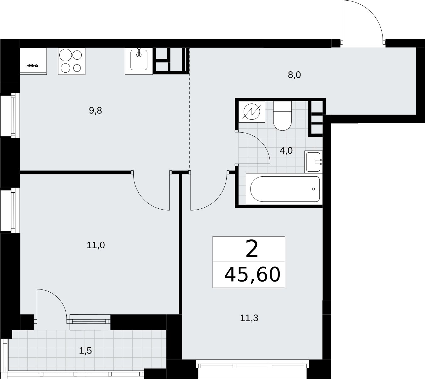 2-комнатная квартира с полной отделкой, 45.6 м2, 6 этаж, сдача 4 квартал 2026 г., ЖК Родные кварталы, корпус 3.3 - объявление 2378473 - фото №1