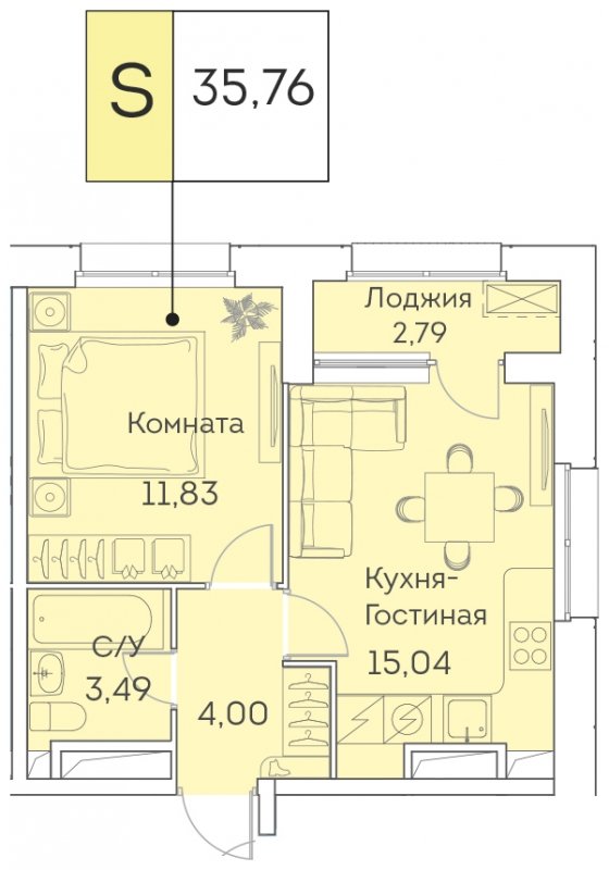 2-комнатная квартира (евро) с частичной отделкой, 35.76 м2, 2 этаж, сдача 3 квартал 2023 г., ЖК Аквилон BESIDE, корпус 1 - объявление 1686354 - фото №1