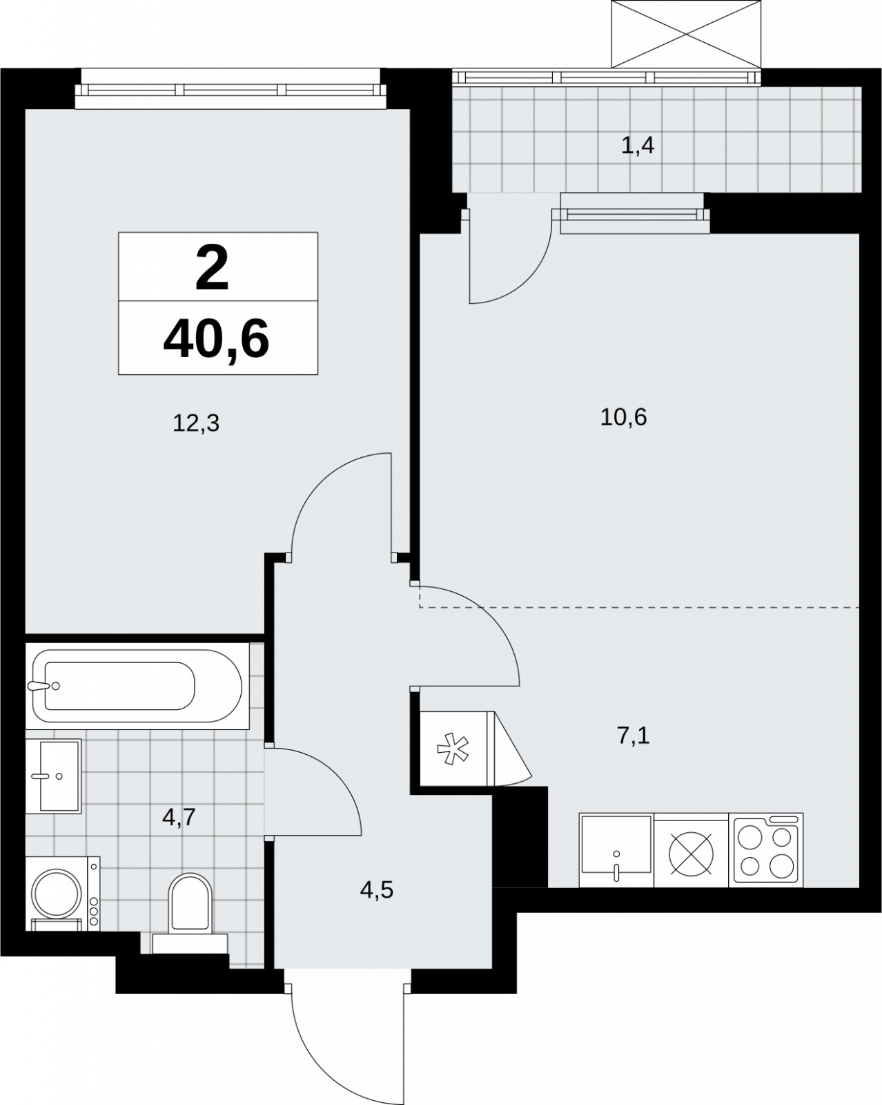 2-комнатная квартира (евро) без отделки, 40.6 м2, 8 этаж, сдача 1 квартал 2026 г., ЖК Дзен-кварталы, корпус 6.2.1 - объявление 2328338 - фото №1