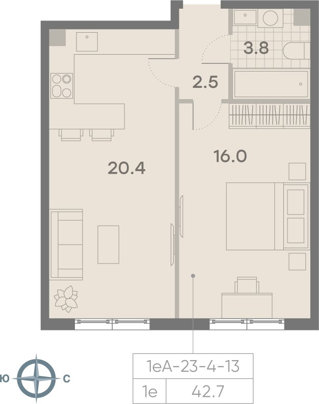 1-комнатная квартира 42.7 м2, 11 этаж, сдача 3 квартал 2025 г., ЖК Парксайд, корпус 1 - объявление 2184959 - фото №1