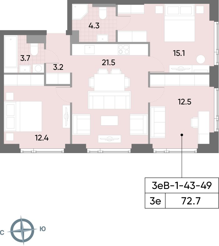3-комнатная квартира 72.7 м2, 44 этаж, сдача 2 квартал 2026 г., ЖК WAVE, корпус 1 - объявление 2185923 - фото №1