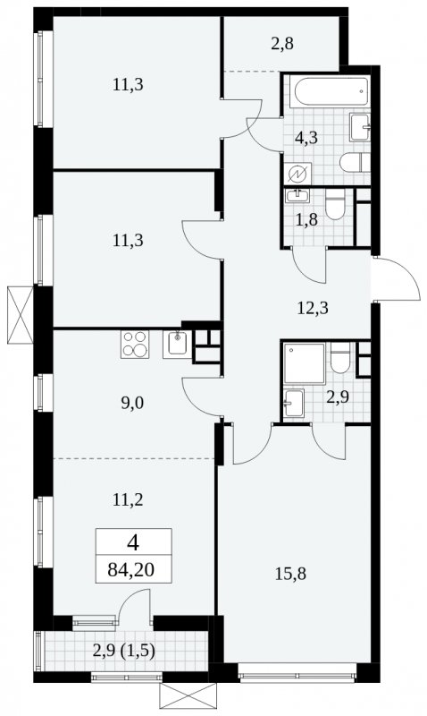 4-комнатная квартира (евро) с частичной отделкой, 84.2 м2, 10 этаж, сдача 2 квартал 2025 г., ЖК Прокшино, корпус 5.1.1 - объявление 1859948 - фото №1