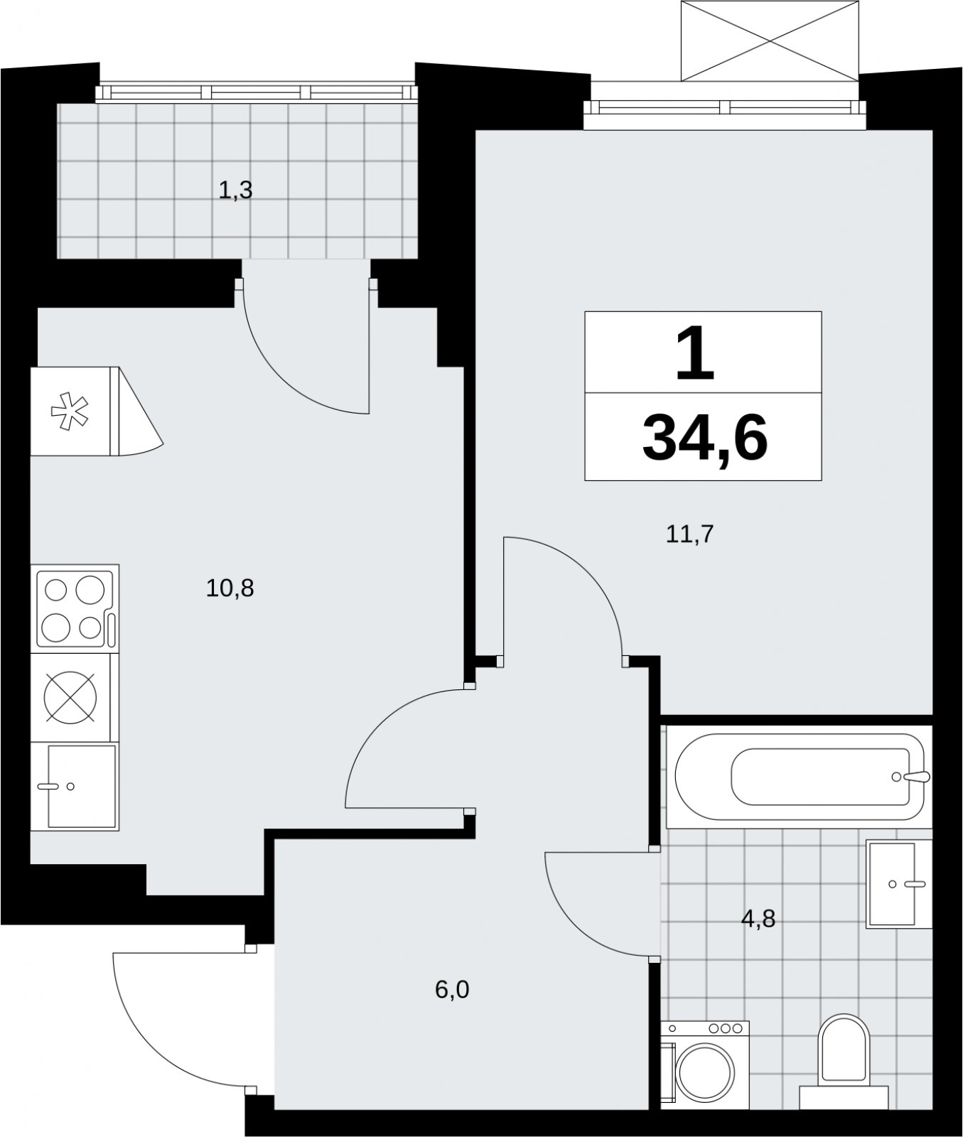 1-комнатная квартира без отделки, 34.6 м2, 4 этаж, сдача 1 квартал 2026 г., ЖК Дзен-кварталы, корпус 6.2.2 - объявление 2328640 - фото №1