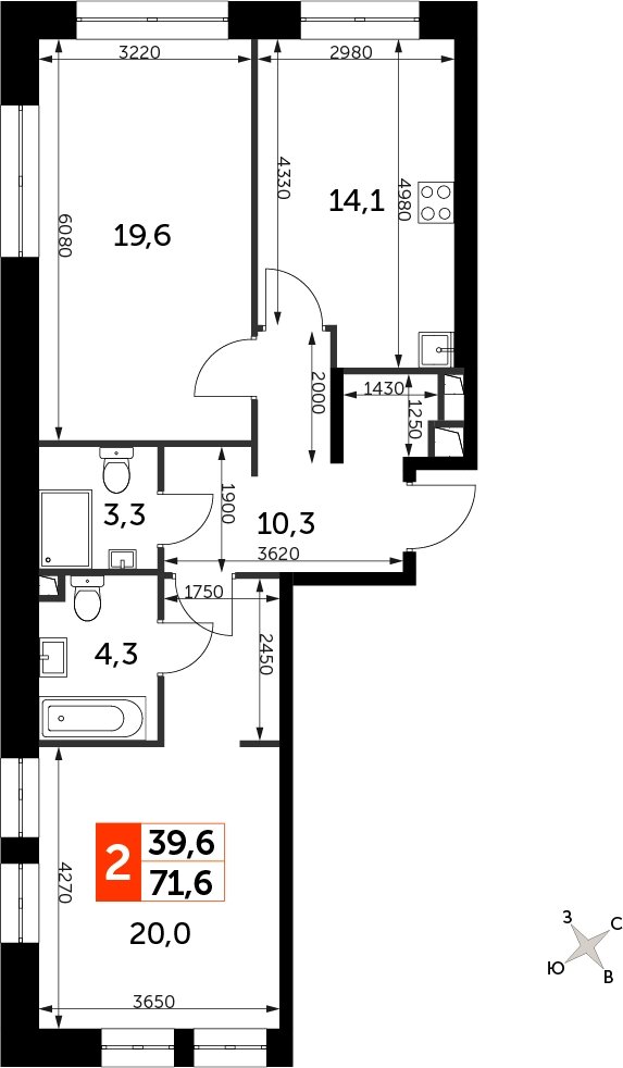 2-комнатная квартира с полной отделкой, 71.6 м2, 12 этаж, сдача 3 квартал 2024 г., ЖК Sydney City, корпус 2.1 - объявление 2207307 - фото №1