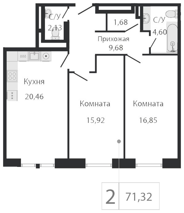3-комнатная квартира (евро) без отделки, 71.32 м2, 2 этаж, сдача 2 квартал 2023 г., ЖК Dream Towers, корпус 2 - объявление 1801081 - фото №1