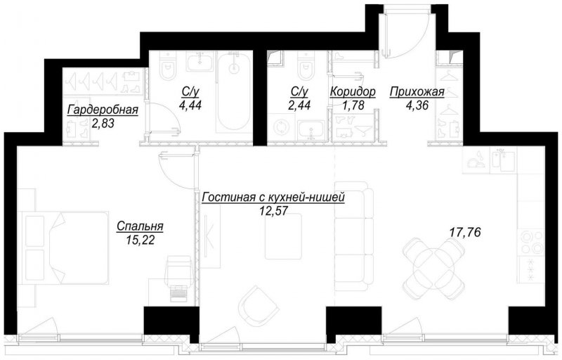 1-комнатная квартира с частичной отделкой, 61.4 м2, 9 этаж, сдача 1 квартал 2023 г., ЖК Hide, корпус RiverSide - объявление 1756873 - фото №1