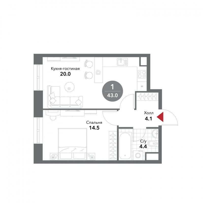 1-комнатные апартаменты без отделки, 43 м2, 9 этаж, сдача 3 квартал 2025 г., ЖК VOXHALL, корпус 4 - объявление 1795382 - фото №1