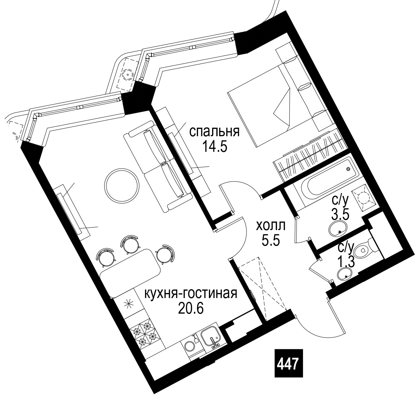 2-комнатная квартира без отделки, 45.4 м2, 17 этаж, сдача 2 квартал 2024 г., ЖК Интеллигент, корпус 2 - объявление 2260655 - фото №1