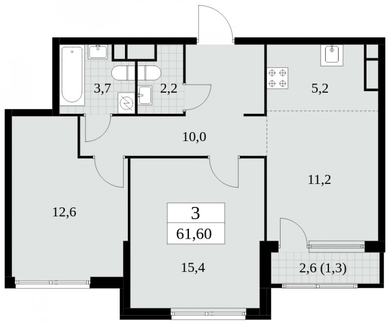 3-комнатная квартира (евро) без отделки, 61.6 м2, 17 этаж, сдача 2 квартал 2025 г., ЖК Южные сады, корпус 2.4 - объявление 1760484 - фото №1