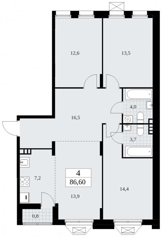 4-комнатная квартира (евро) без отделки, 86.6 м2, 5 этаж, сдача 1 квартал 2025 г., ЖК Бунинские кварталы, корпус 1.3 - объявление 1834760 - фото №1