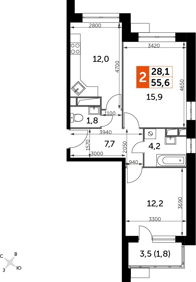 2-комнатная квартира без отделки, 55.5 м2, 5 этаж, дом сдан, ЖК Датский квартал, корпус 2 - объявление 2335313 - фото №1