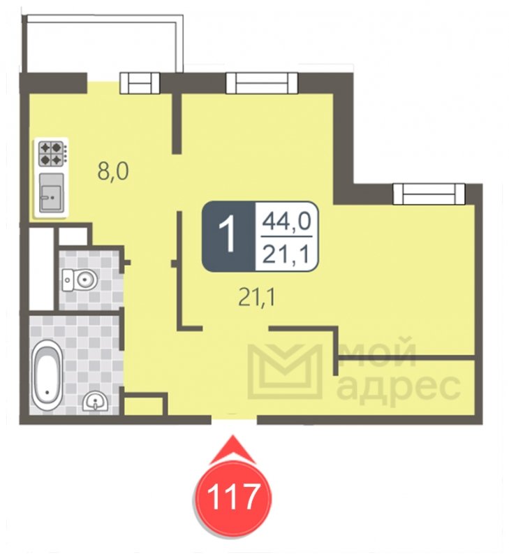 1-комнатная квартира с полной отделкой, 44 м2, 5 этаж, дом сдан, ЖК мой адрес В Зеленограде, корпус 2032 - объявление 1745464 - фото №1