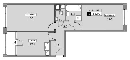 2-комнатная квартира без отделки, 56.1 м2, 10 этаж, сдача 4 квартал 2022 г., ЖК Румянцево-Парк, корпус 3 - объявление 1187200 - фото №1