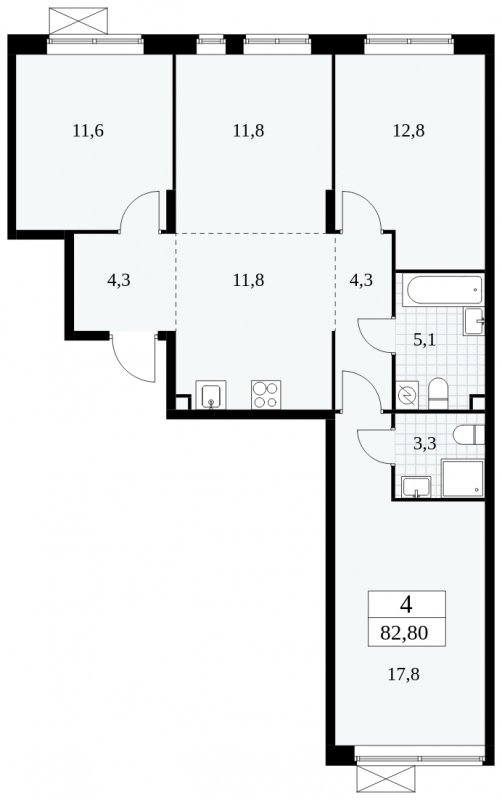 4-комнатная квартира (евро) без отделки, 82.8 м2, 2 этаж, сдача 1 квартал 2025 г., ЖК Прокшино, корпус 5.2.3 - объявление 1751375 - фото №1