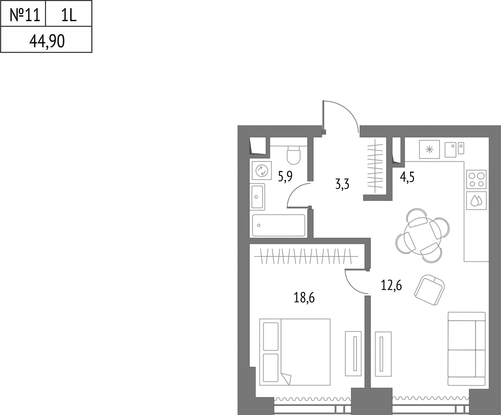 1-комнатная квартира без отделки, 44.9 м2, 7 этаж, сдача 2 квартал 2026 г., ЖК Upside Towers, корпус 1 - объявление 2133184 - фото №1