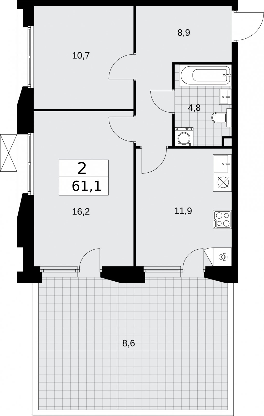 2-комнатная квартира без отделки, 61.1 м2, 2 этаж, сдача 4 квартал 2025 г., ЖК Бунинские кварталы, корпус 6.6 - объявление 2334162 - фото №1