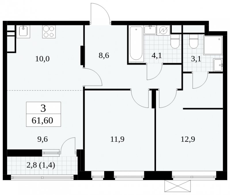 3-комнатная квартира (евро) без отделки, 61.6 м2, 13 этаж, сдача 1 квартал 2025 г., ЖК Прокшино, корпус 5.2.3 - объявление 1751421 - фото №1