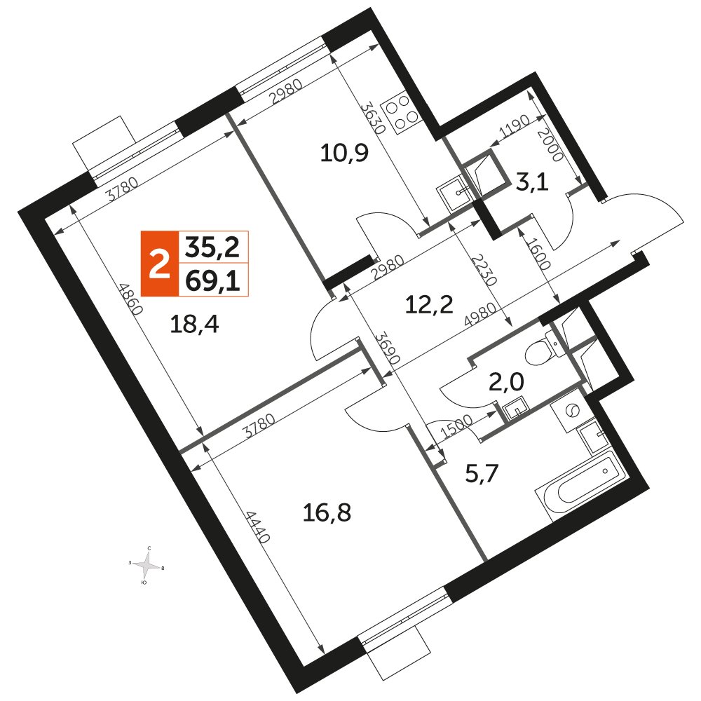 2-комнатная квартира с частичной отделкой, 69.1 м2, 3 этаж, дом сдан, ЖК UP-квартал Римский, корпус 7 - объявление 2359935 - фото №1