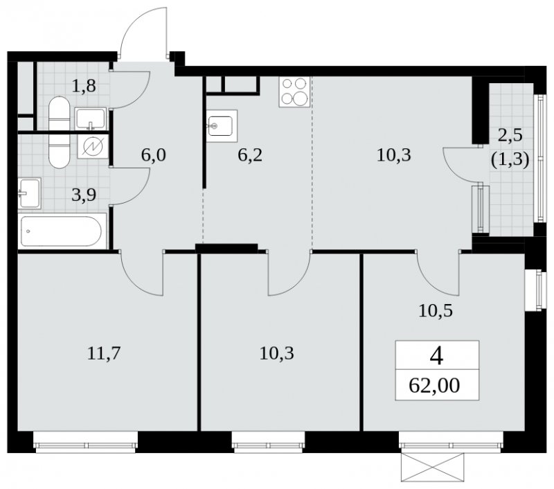 4-комнатная квартира (евро) с полной отделкой, 62 м2, 7 этаж, сдача 2 квартал 2025 г., ЖК Прокшино, корпус 5.1.1 - объявление 1859862 - фото №1