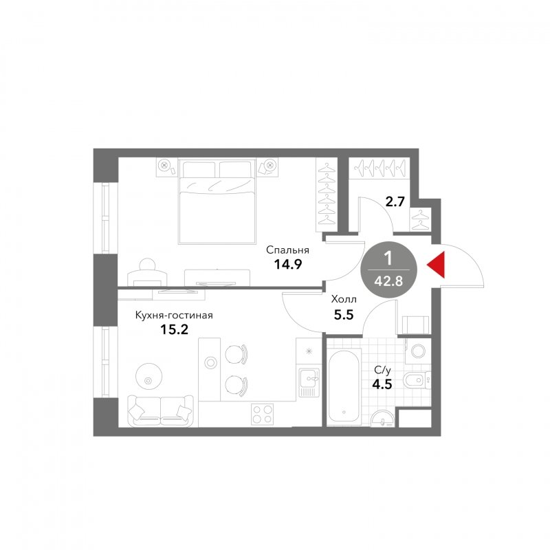 1-комнатные апартаменты без отделки, 42.8 м2, 16 этаж, сдача 3 квартал 2025 г., ЖК VOXHALL, корпус 4 - объявление 1794663 - фото №1