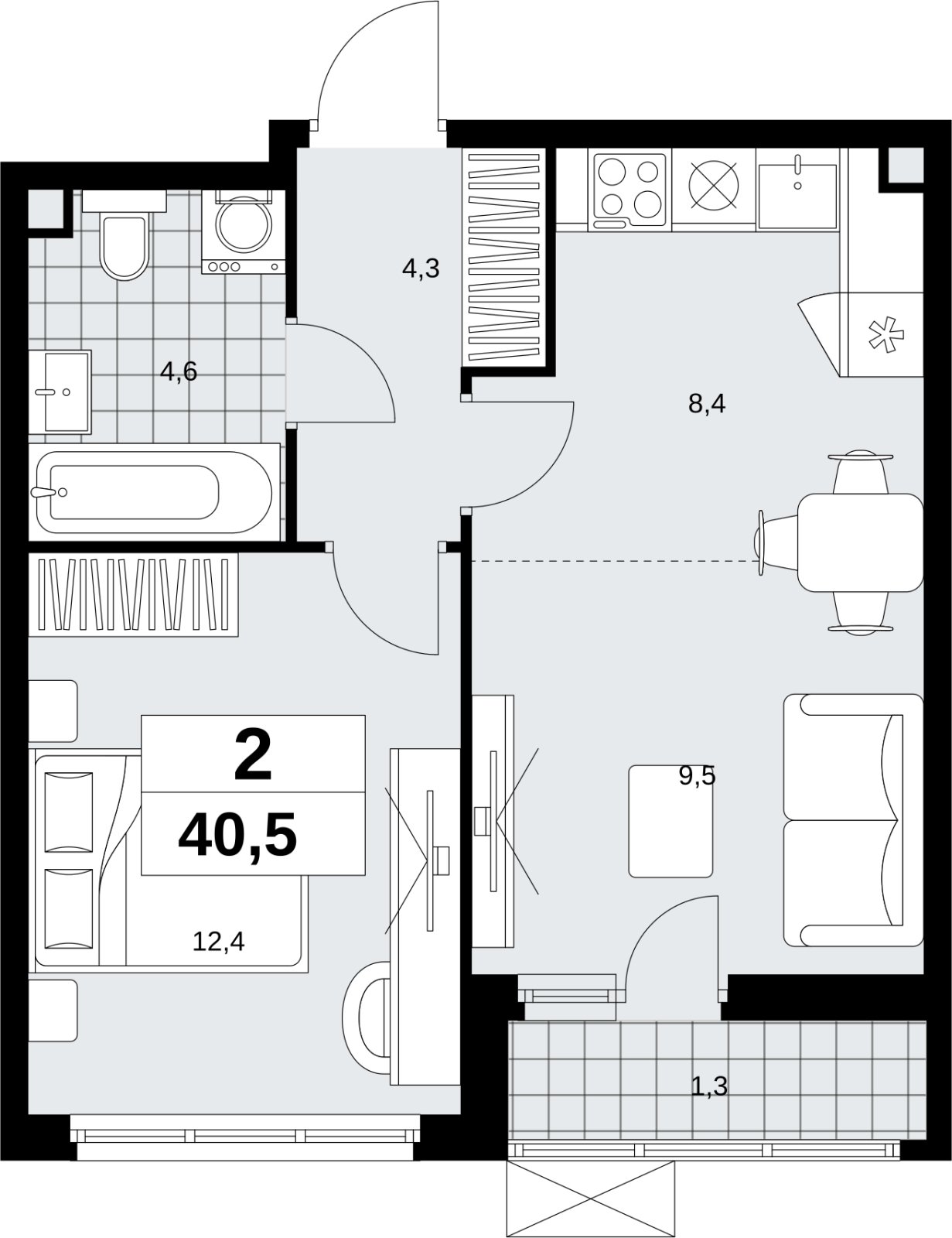 2-комнатная квартира (евро) без отделки, 40.5 м2, 2 этаж, сдача 4 квартал 2026 г., ЖК Скандинавия, корпус 2.18.2.4 - объявление 2351475 - фото №1