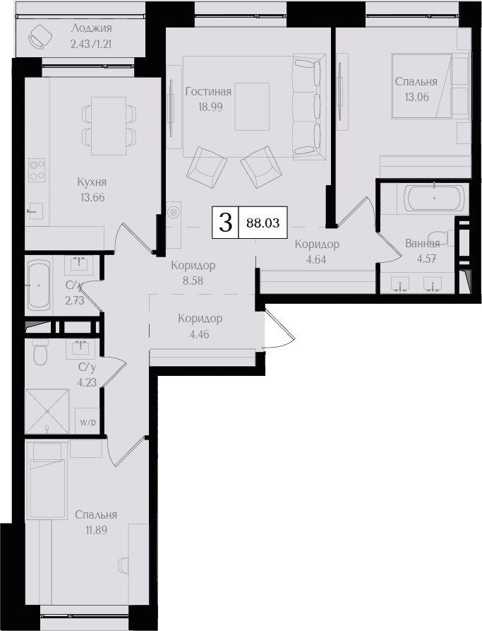 3-комнатная квартира без отделки, 88.03 м2, 17 этаж, сдача 3 квартал 2025 г., ЖК Преображенская площадь, корпус 3 - объявление 2404303 - фото №1
