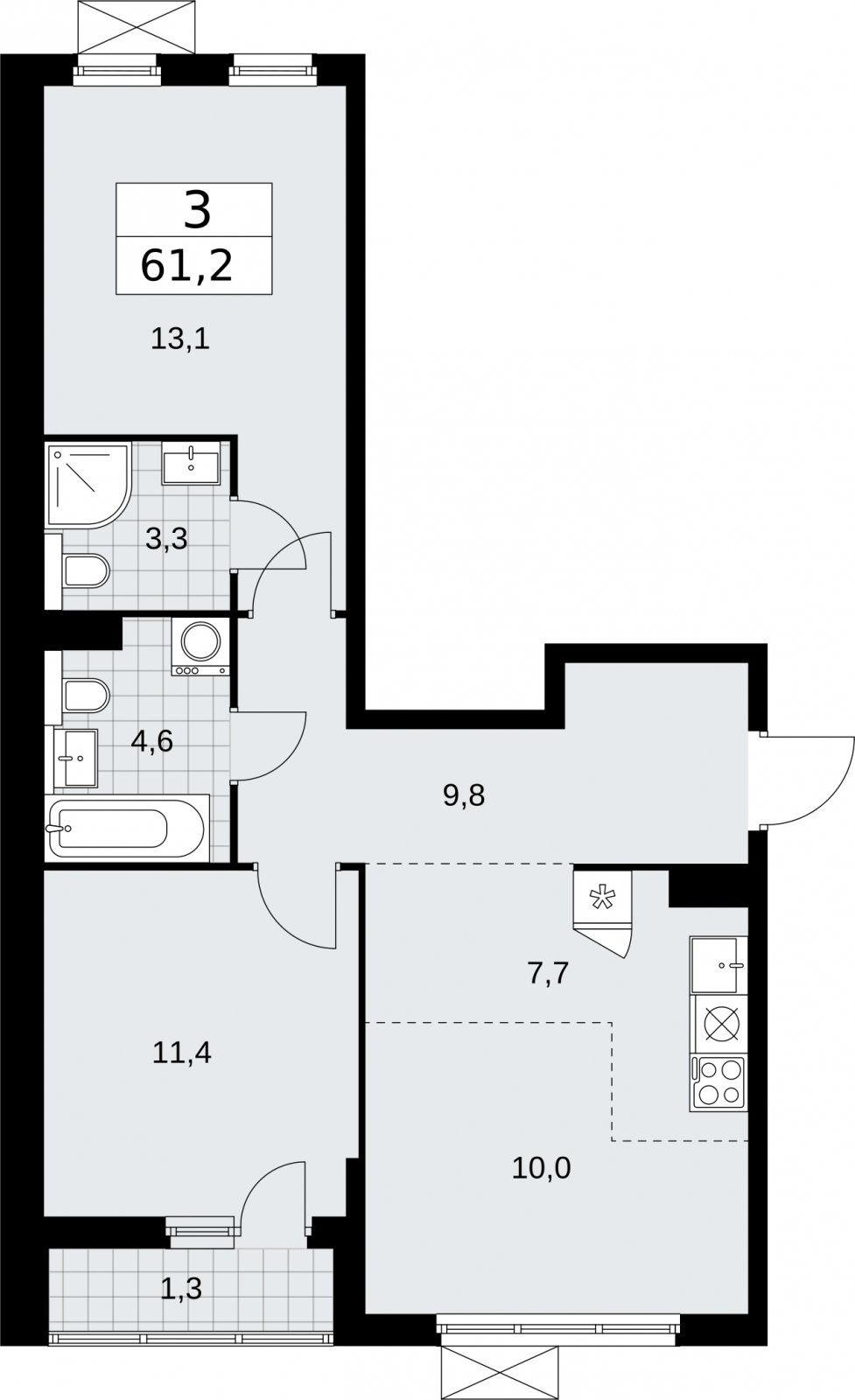 3-комнатная квартира (евро) без отделки, 61.2 м2, 5 этаж, сдача 2 квартал 2026 г., ЖК Бунинские кварталы, корпус 7.3 - объявление 2313659 - фото №1