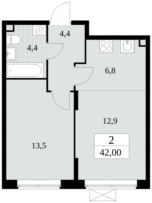 2-комнатная квартира (евро) с частичной отделкой, 42 м2, 2 этаж, сдача 2 квартал 2025 г., ЖК Прокшино, корпус 5.1.2 - объявление 1860269 - фото №1