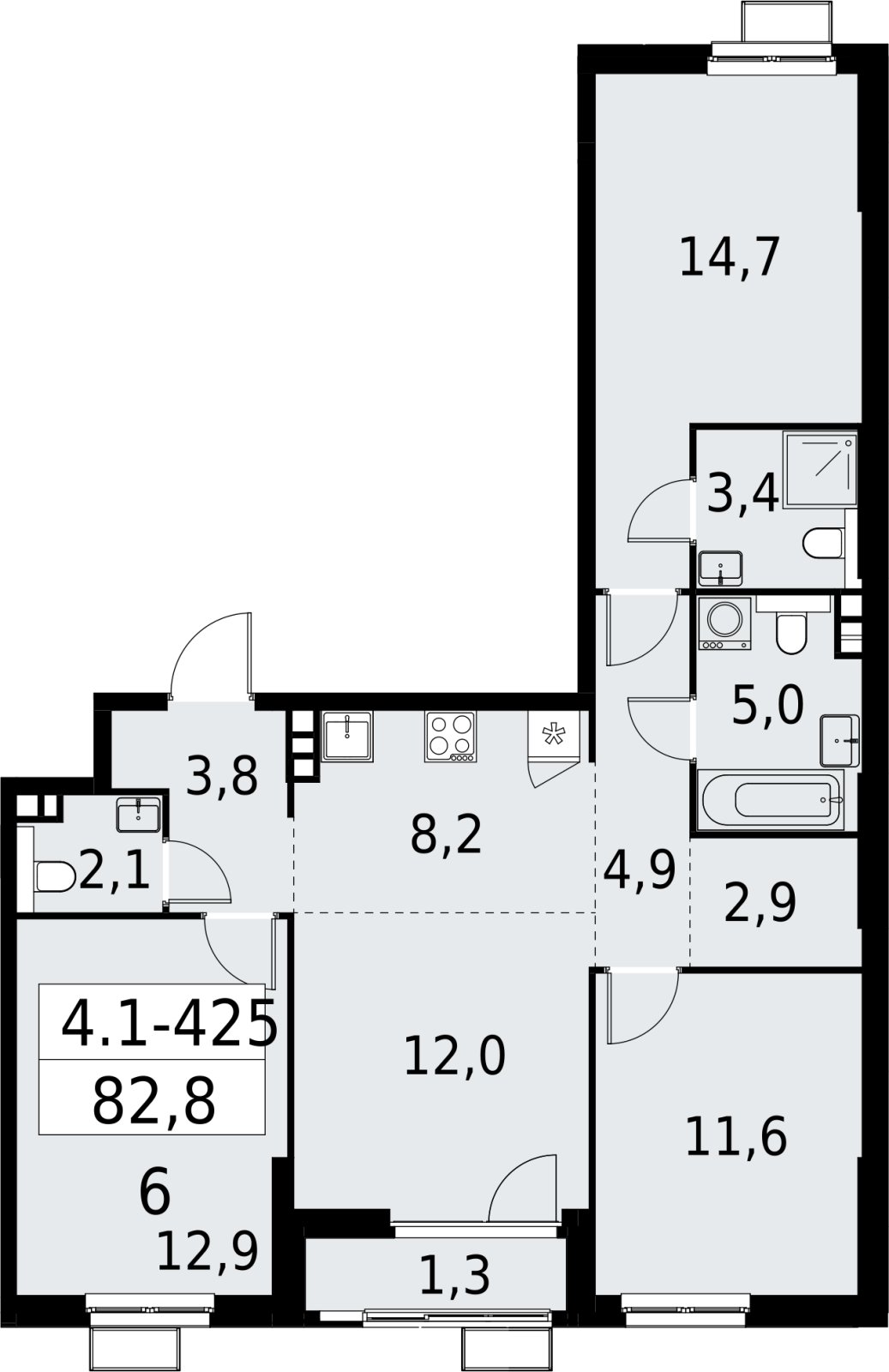 4-комнатная квартира (евро) с полной отделкой, 82.8 м2, 3 этаж, сдача 2 квартал 2027 г., ЖК Южные сады, корпус 4.1.2 - объявление 2392931 - фото №1
