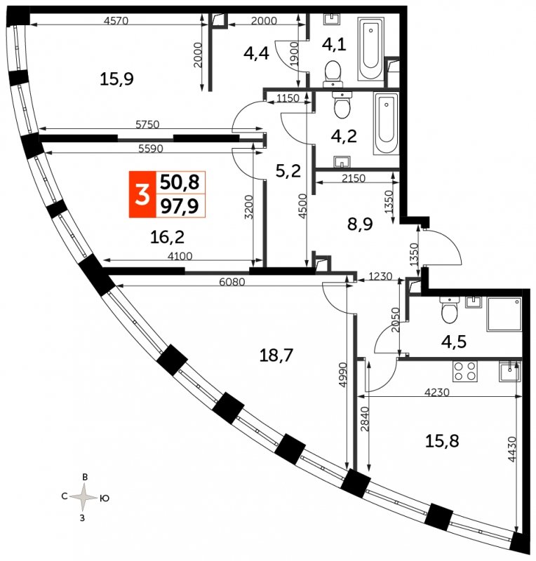 3-комнатная квартира без отделки, 97.9 м2, 35 этаж, сдача 3 квартал 2024 г., ЖК Sydney City, корпус 2.2 - объявление 1658347 - фото №1