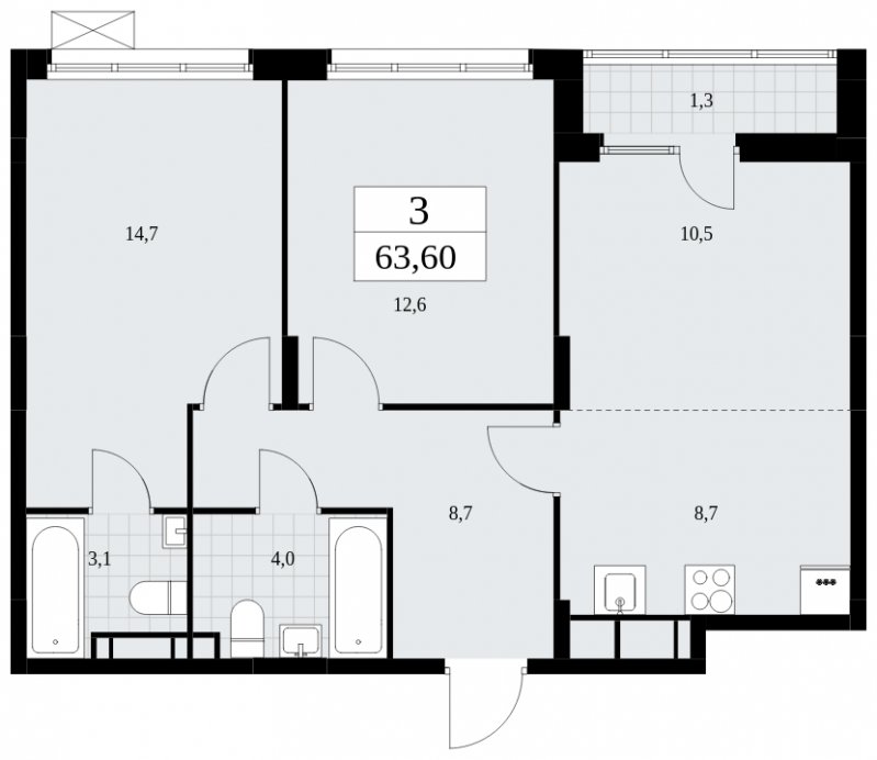 3-комнатная квартира (евро) без отделки, 63.6 м2, 9 этаж, сдача 2 квартал 2025 г., ЖК Дзен-кварталы, корпус 2.4 - объявление 1932813 - фото №1