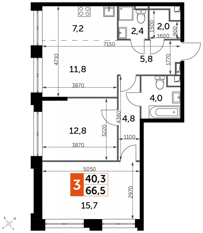 3-комнатная квартира с частичной отделкой, 66.5 м2, 32 этаж, сдача 1 квартал 2023 г., ЖК Sydney City, корпус 3 - объявление 1569021 - фото №1