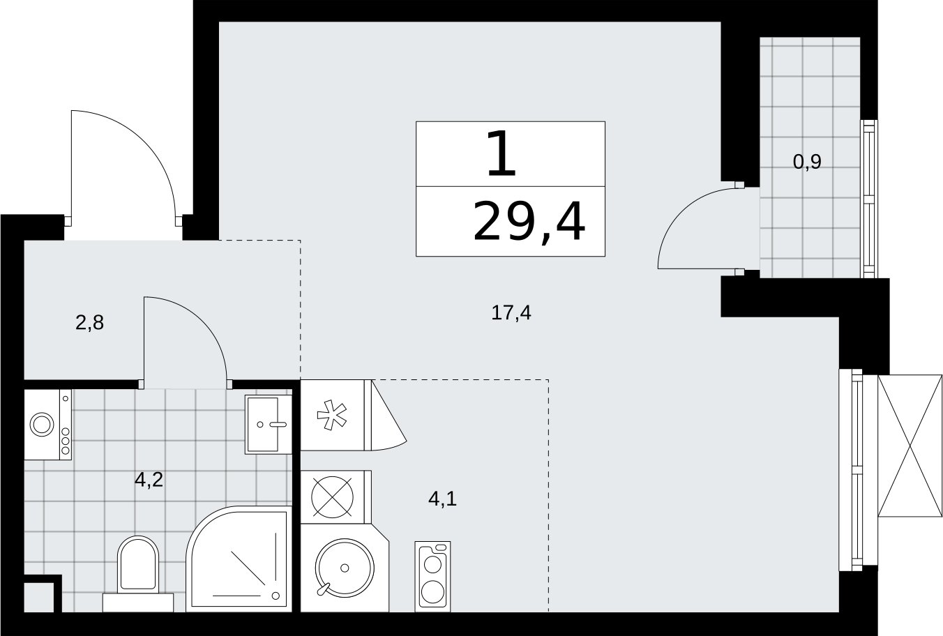 Студия с частичной отделкой, 29.4 м2, 2 этаж, сдача 2 квартал 2026 г., ЖК Бунинские кварталы, корпус 5.1 - объявление 2296988 - фото №1