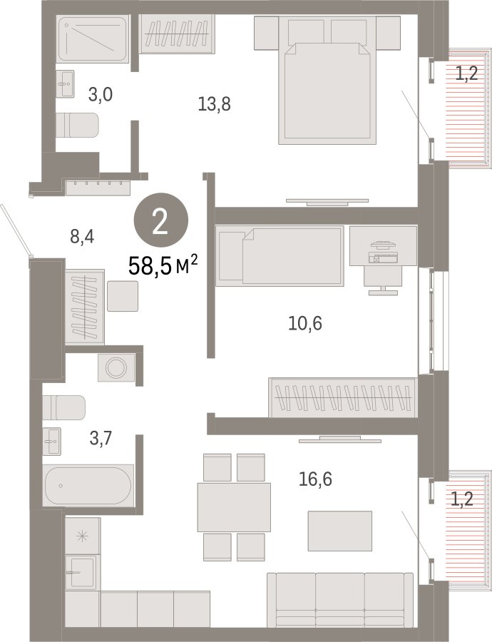 2-комнатная квартира с частичной отделкой, 58.5 м2, 23 этаж, сдача 3 квартал 2026 г., ЖК Квартал Метроном, корпус 1 - объявление 2358236 - фото №1