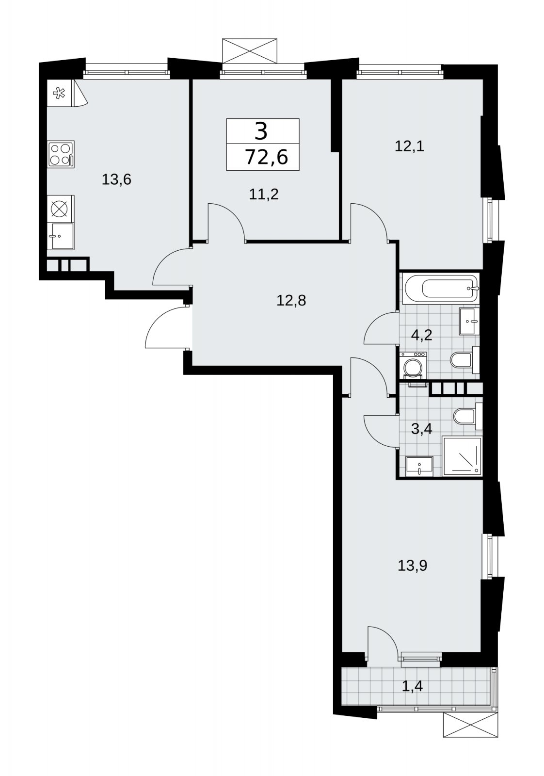 3-комнатная квартира с частичной отделкой, 72.6 м2, 13 этаж, сдача 1 квартал 2026 г., ЖК Прокшино, корпус 11.1.2 - объявление 2257307 - фото №1