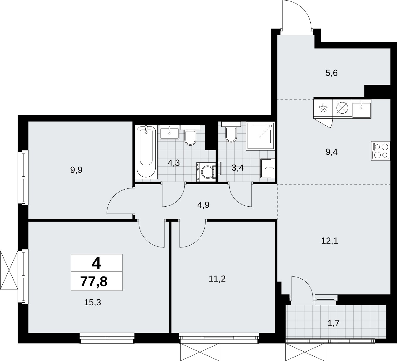 4-комнатная квартира (евро) с полной отделкой, 77.8 м2, 3 этаж, сдача 3 квартал 2026 г., ЖК Дзен-кварталы, корпус 6.1.4 - объявление 2328152 - фото №1