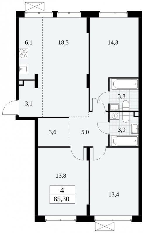 4-комнатная квартира (евро) с частичной отделкой, 85.3 м2, 2 этаж, сдача 2 квартал 2025 г., ЖК Прокшино, корпус 5.1.2 - объявление 1860202 - фото №1
