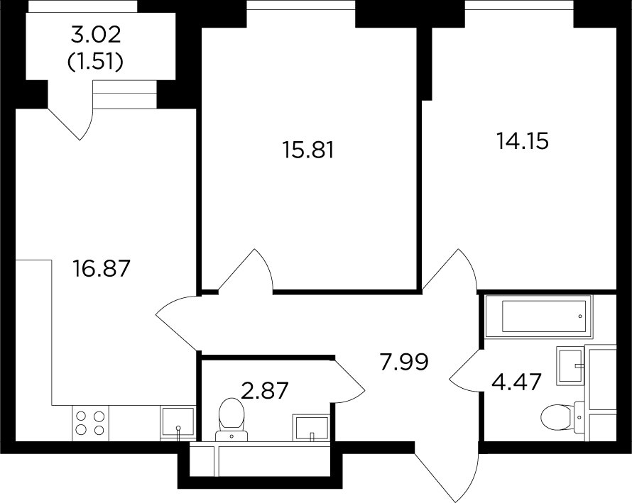 2-комнатная квартира без отделки, 63.67 м2, 29 этаж, дом сдан, ЖК КутузовGRAD 2, корпус 5 - объявление 2317442 - фото №1