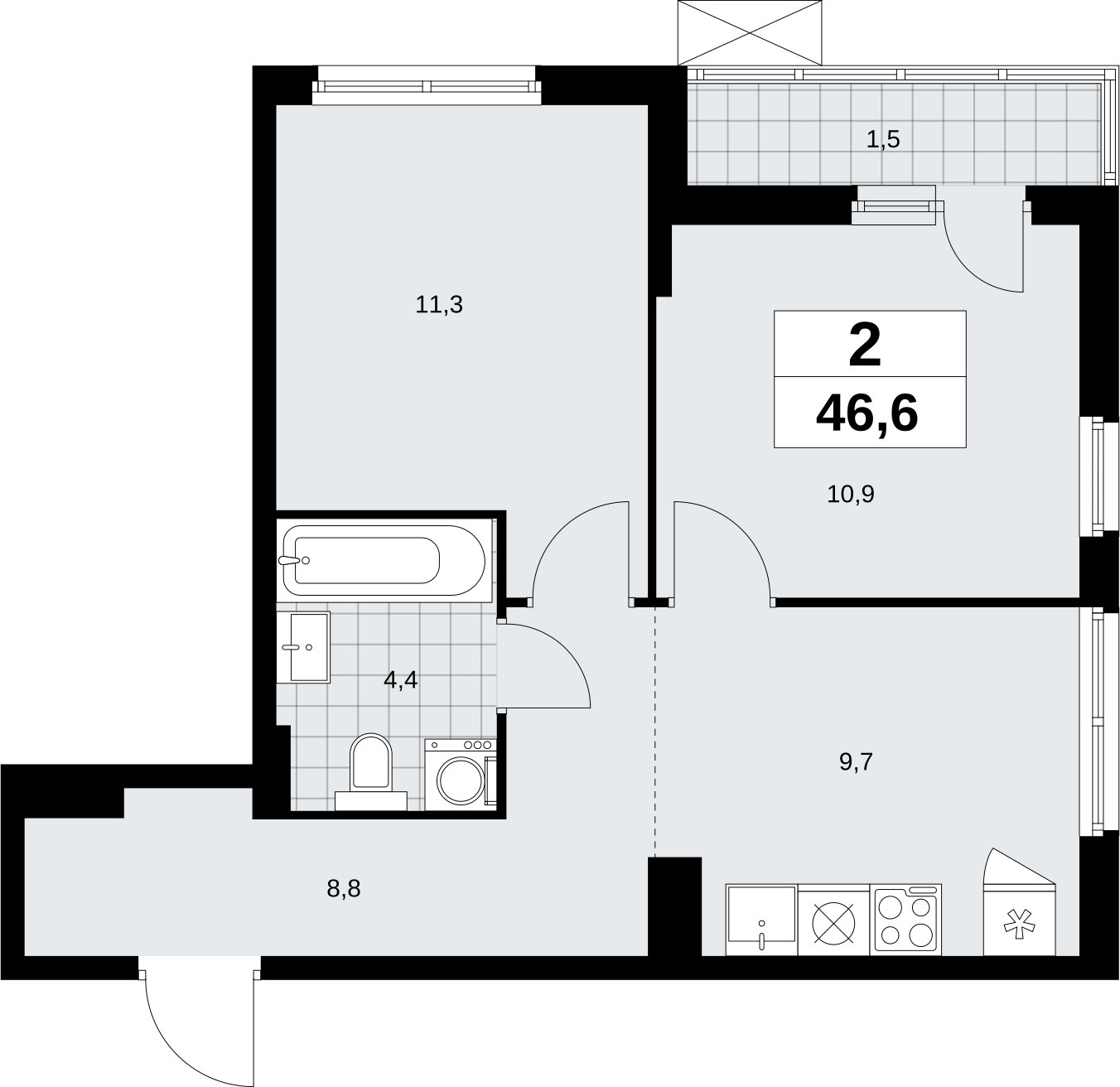 2-комнатная квартира без отделки, 46.6 м2, 3 этаж, сдача 1 квартал 2026 г., ЖК Дзен-кварталы, корпус 6.2.1 - объявление 2328574 - фото №1