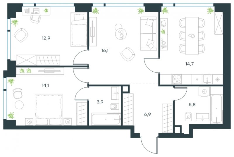 3-комнатная квартира без отделки, 74.4 м2, 32 этаж, сдача 4 квартал 2024 г., ЖК Level Мичуринский, корпус 4 - объявление 1767068 - фото №1