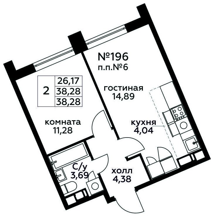 2-комнатная квартира (евро) с полной отделкой, 38.28 м2, 21 этаж, сдача 3 квартал 2024 г., ЖК МелисСад, корпус 1 - объявление 1821644 - фото №1