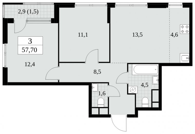 3-комнатная квартира (евро) без отделки, 57.7 м2, 14 этаж, сдача 2 квартал 2025 г., ЖК Южные сады, корпус 2.4 - объявление 1760474 - фото №1