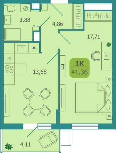 1-комнатная квартира без отделки, 41.36 м2, 13 этаж, сдача 2 квартал 2025 г., ЖК Десятка, корпус 7 - объявление 2181441 - фото №1