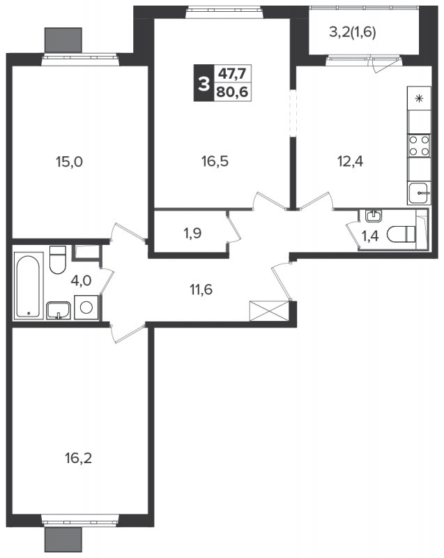 3-комнатная квартира с полной отделкой, 80.6 м2, 22 этаж, дом сдан, ЖК Южная Битца, корпус 6 - объявление 1307823 - фото №1