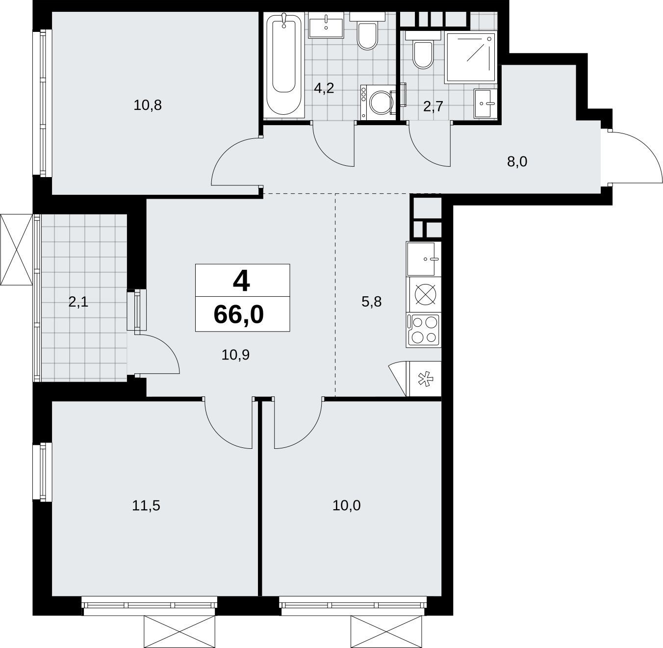 4-комнатная квартира (евро) без отделки, 66 м2, 4 этаж, сдача 4 квартал 2026 г., ЖК Скандинавия, корпус 2.18.1.4 - объявление 2350949 - фото №1