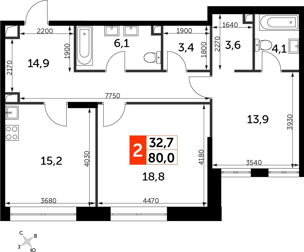 2-комнатная квартира с частичной отделкой, 80 м2, 4 этаж, сдача 3 квартал 2024 г., ЖК Sydney City, корпус 2.1 - объявление 2207335 - фото №1
