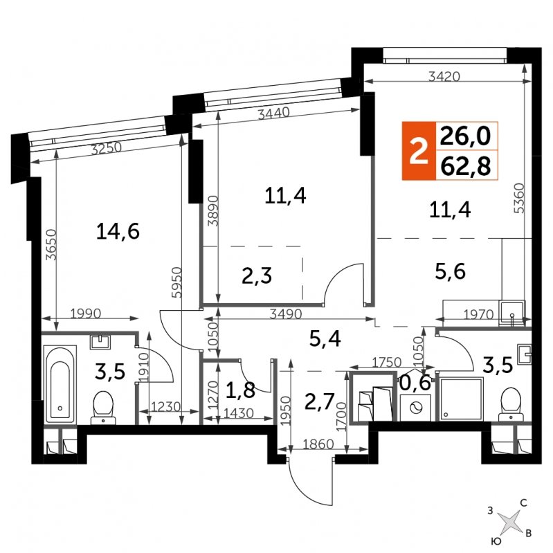 2-комнатная квартира с частичной отделкой, 62.8 м2, 25 этаж, сдача 4 квартал 2024 г., ЖК ROTTERDAM, корпус 2.1 - объявление 1686940 - фото №1
