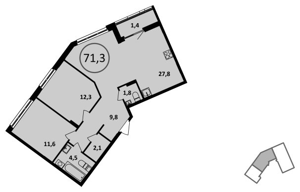 2-комнатная квартира без отделки, 71.3 м2, 2 этаж, сдача 4 квартал 2022 г., ЖК Испанские кварталы, корпус 5.3 - объявление 1409458 - фото №1