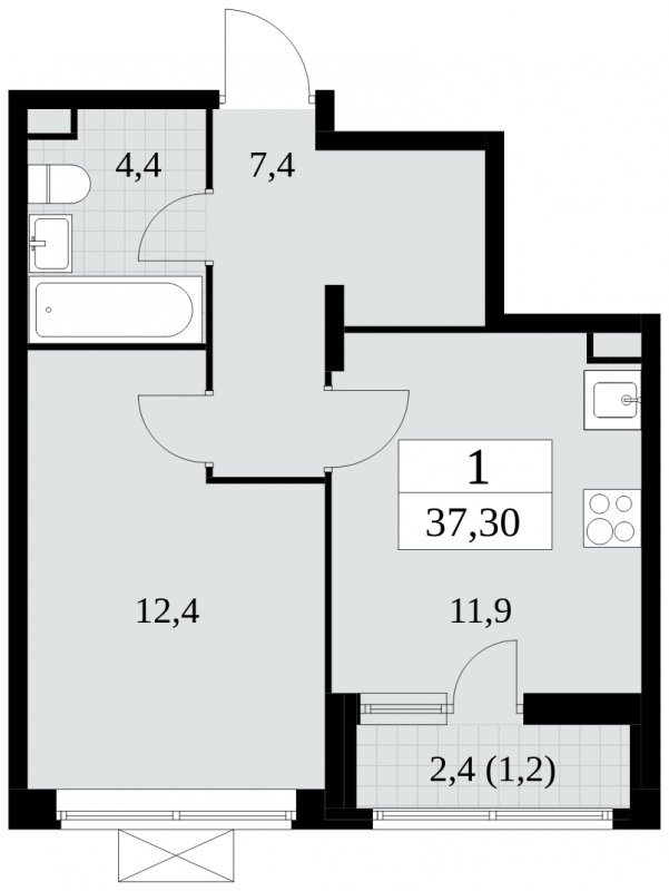 1-комнатная квартира без отделки, 37.3 м2, 3 этаж, сдача 2 квартал 2024 г., ЖК Прокшино, корпус 6.1 - объявление 1662560 - фото №1